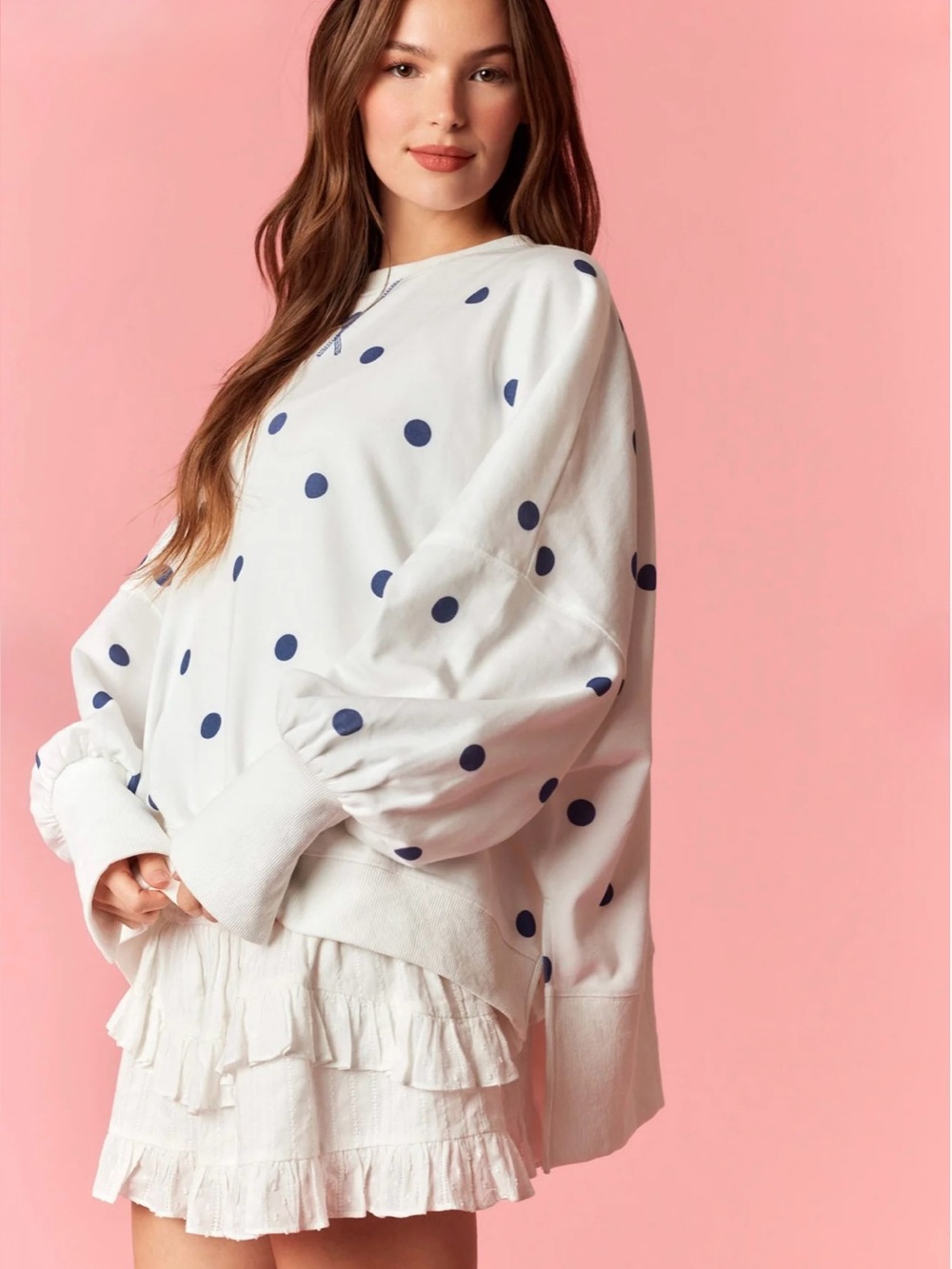 Sassy Off White With Navy Polka Dots Oversized Sweatshirt